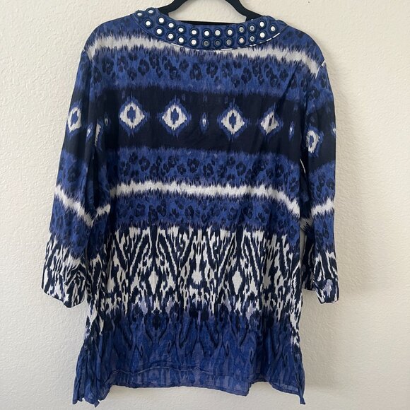 Chicos Sz XL / 3 Blue V Neck 3/4 Sleeve Tunic Top Boho Lightweight Cotton Mirror - Picture 3 of 7